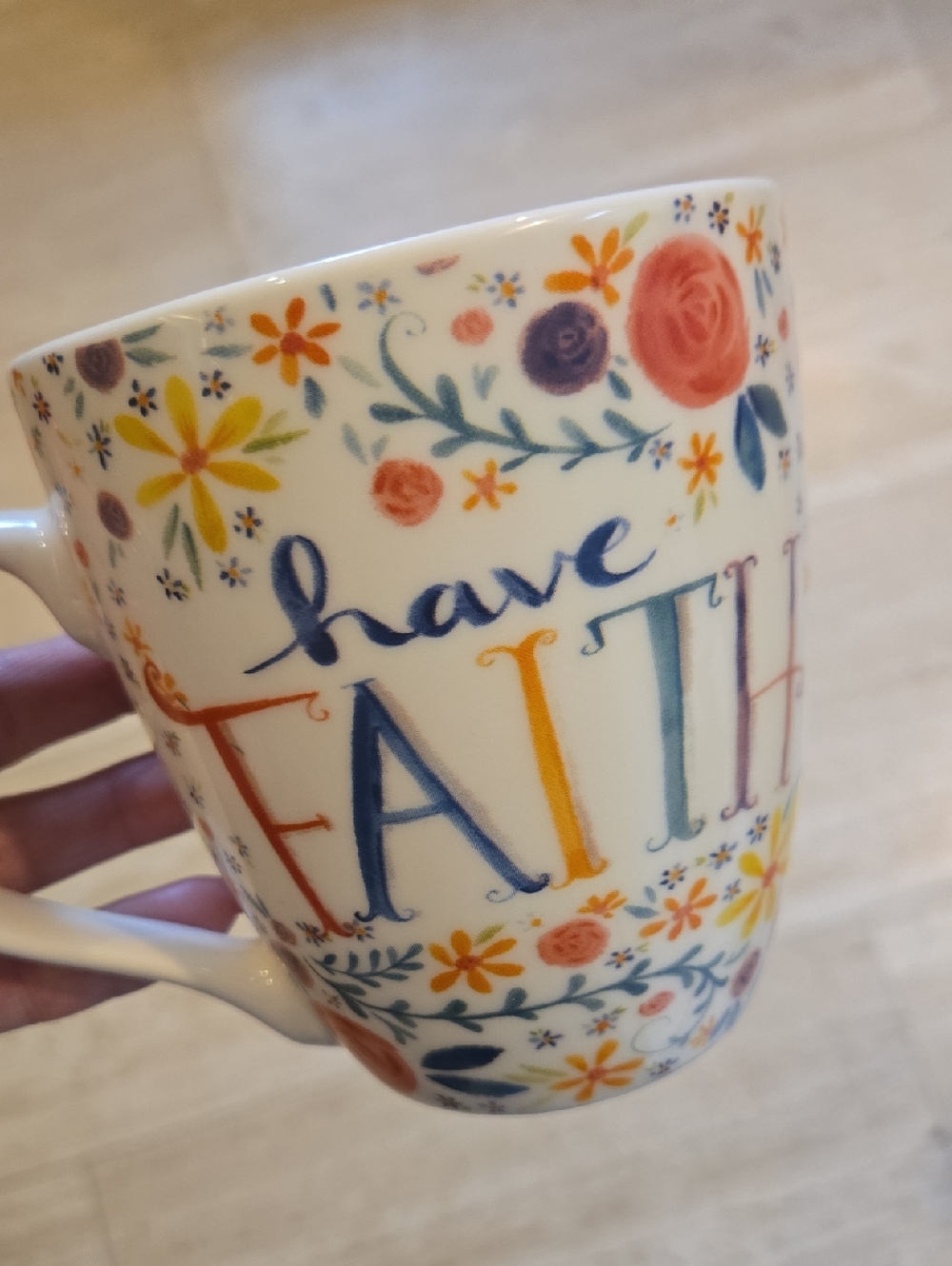 New Pfaltzgraff "Have Faith" Floral Barrel Mug
